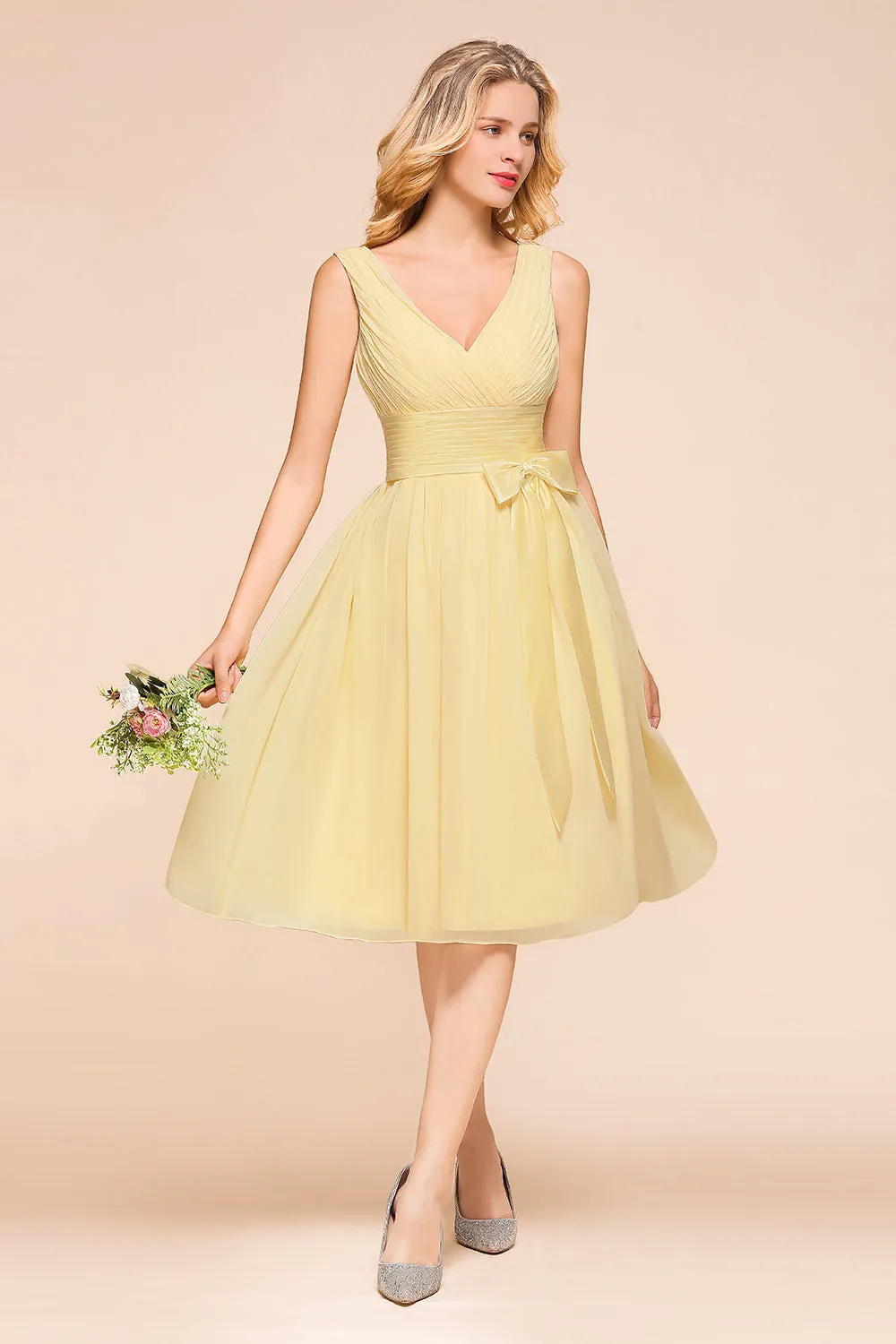 Classy Short A-line Chiffon Wide Straps V-neck Bridesmaid Dress With Bowknot