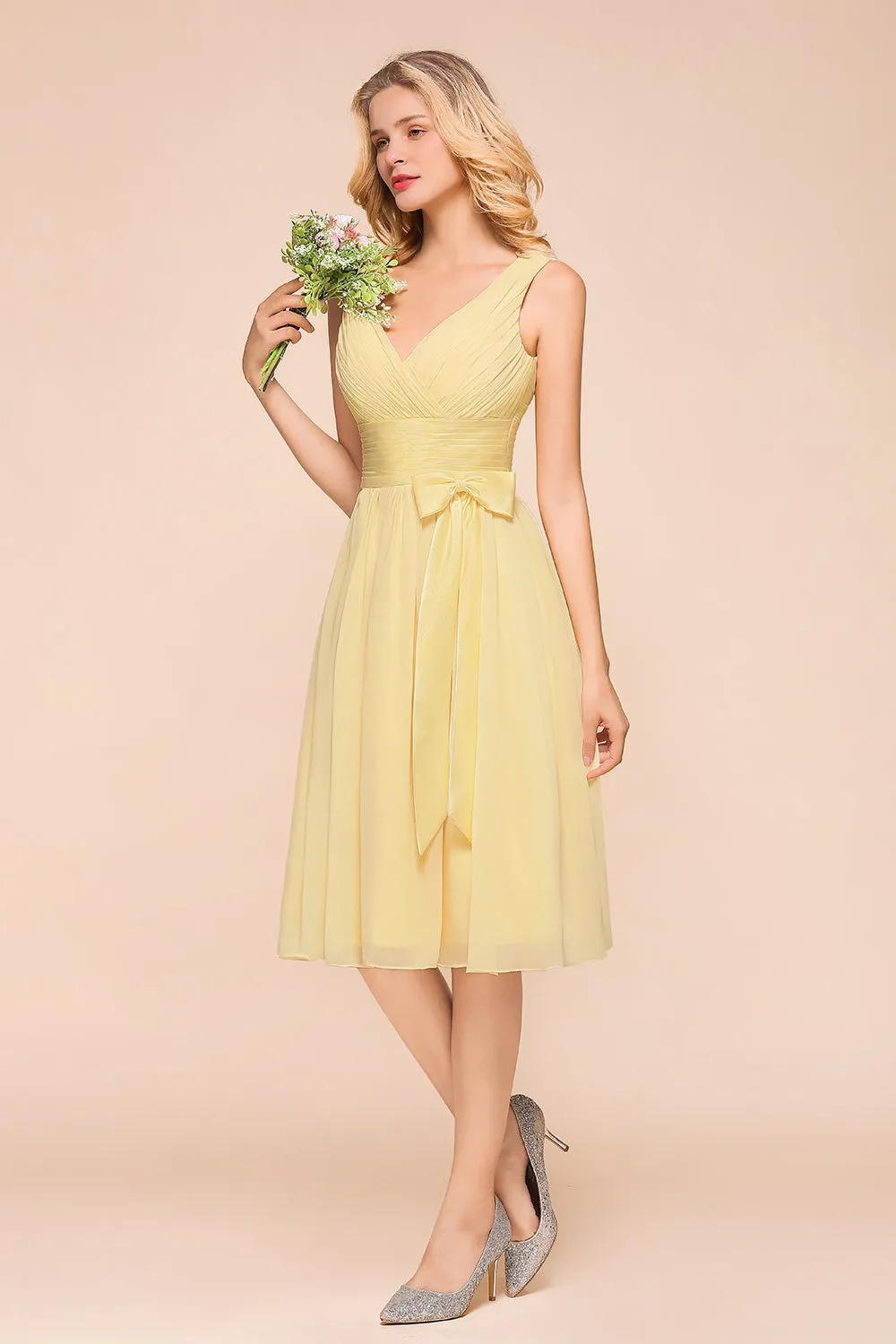 Classy Short A-line Chiffon Wide Straps V-neck Bridesmaid Dress With Bowknot