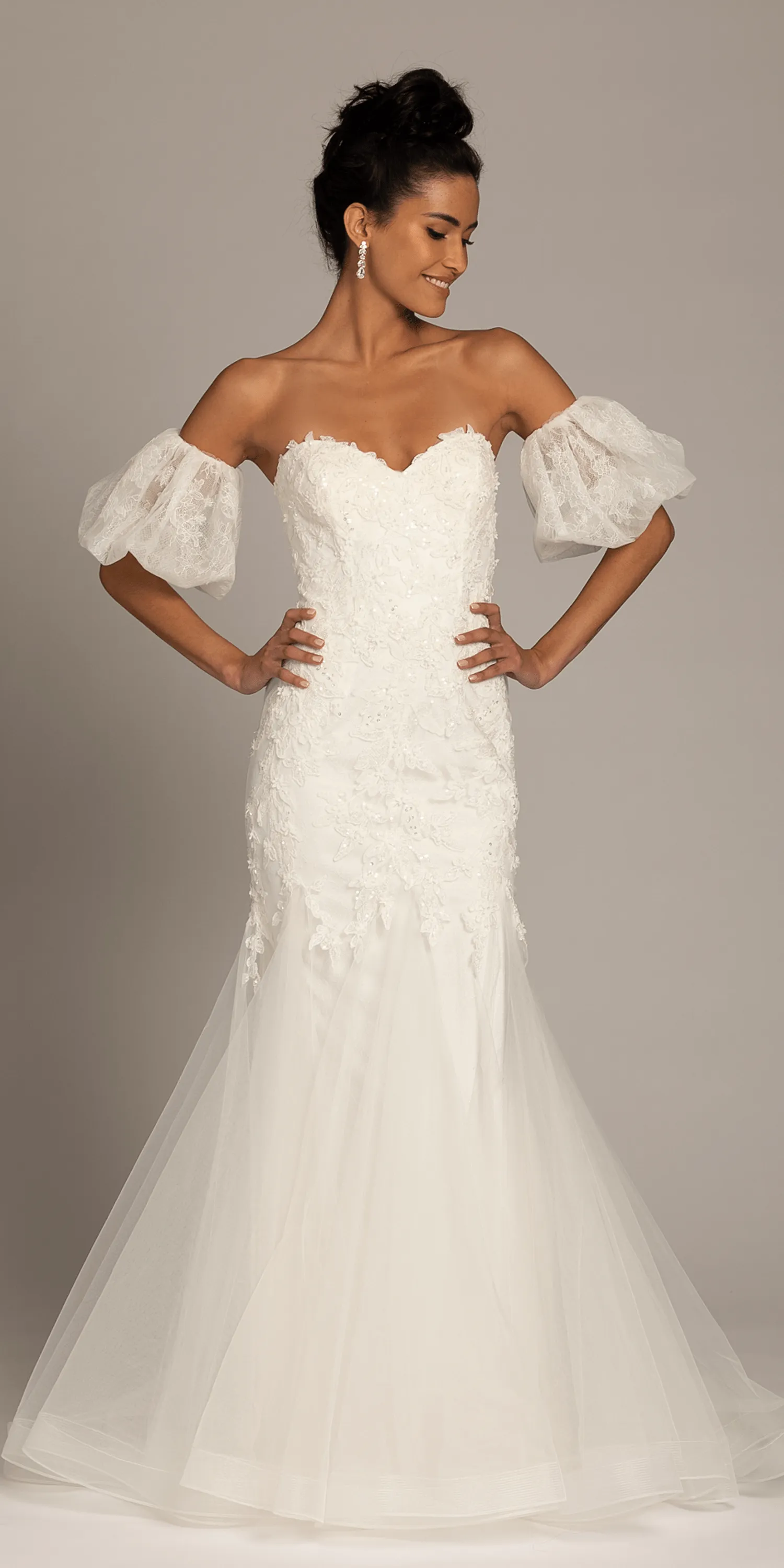 Corset Tie Back Embellished Tulle Mermaid Dress with Detachable Sleeves