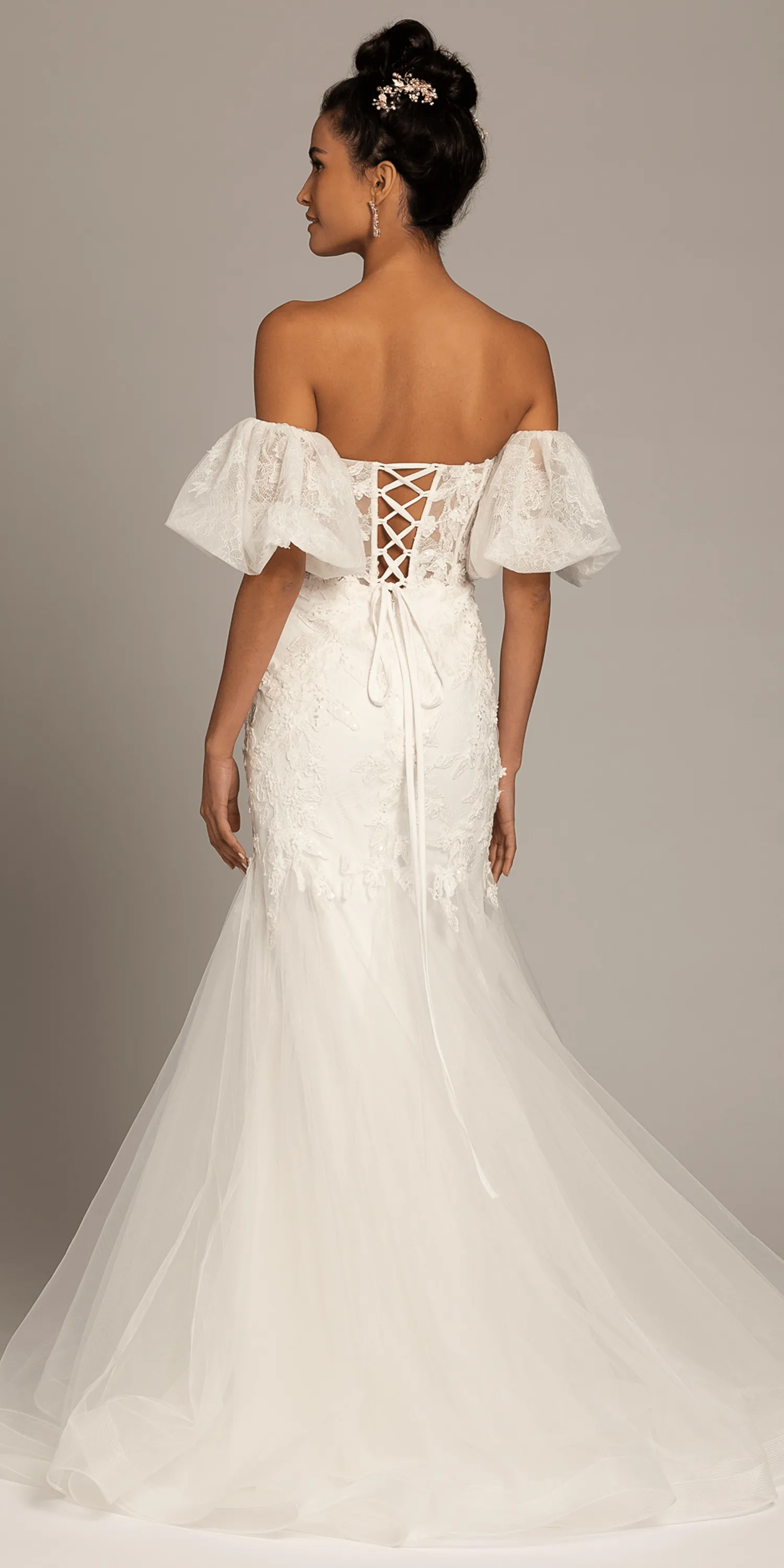 Corset Tie Back Embellished Tulle Mermaid Dress with Detachable Sleeves
