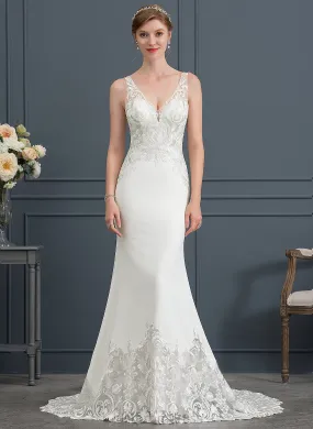 Court Crepe Stretch Dress Wedding V-neck Wedding Dresses Lace Train Justice Trumpet/Mermaid