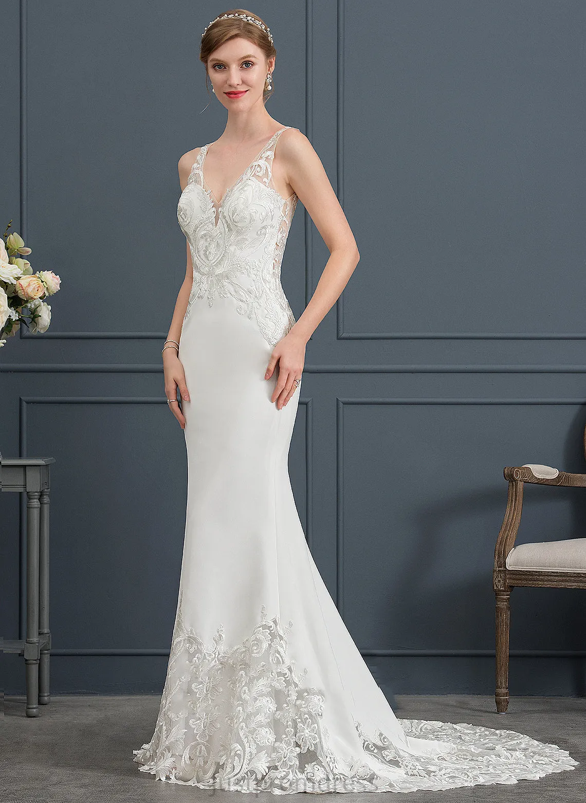Court Crepe Stretch Dress Wedding V-neck Wedding Dresses Lace Train Justice Trumpet/Mermaid