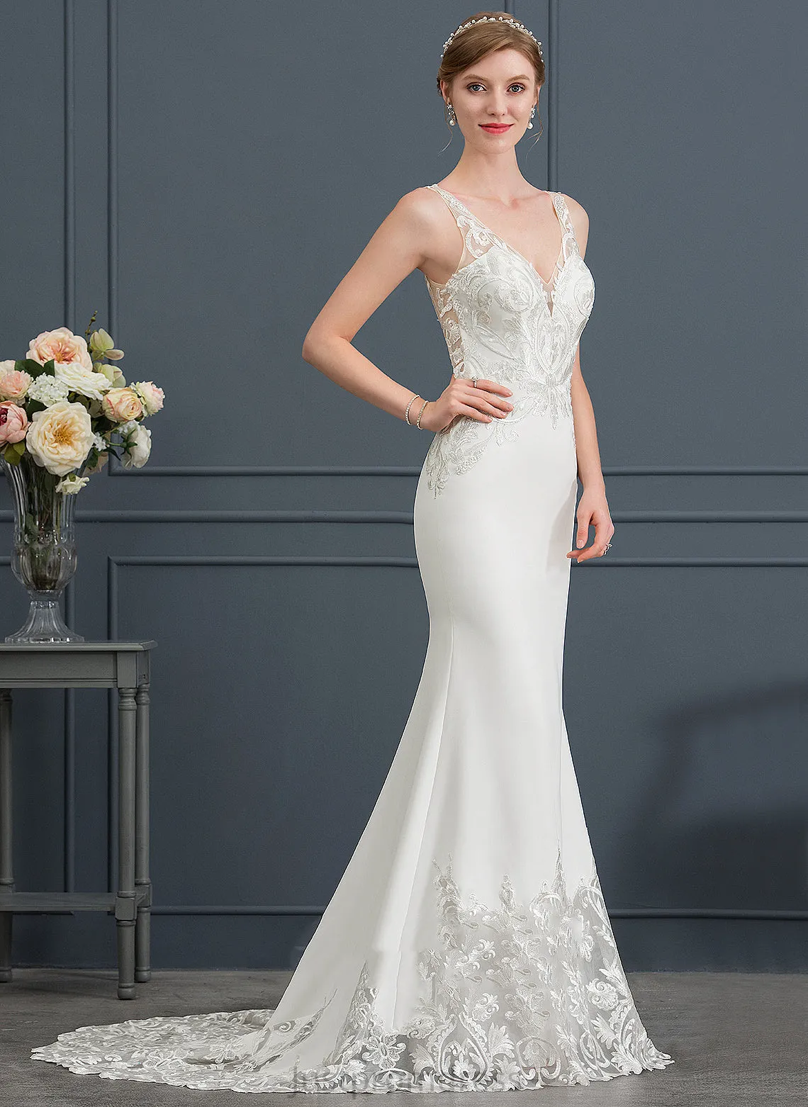Court Crepe Stretch Dress Wedding V-neck Wedding Dresses Lace Train Justice Trumpet/Mermaid