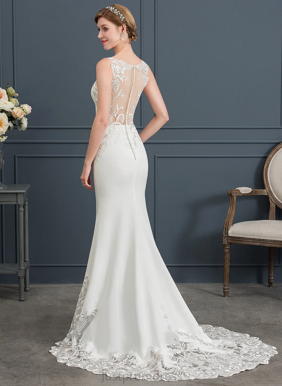 Court Crepe Stretch Dress Wedding V-neck Wedding Dresses Lace Train Justice Trumpet/Mermaid