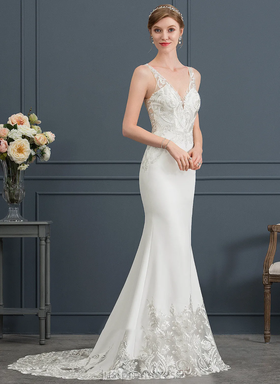 Court Crepe Stretch Dress Wedding V-neck Wedding Dresses Lace Train Justice Trumpet/Mermaid