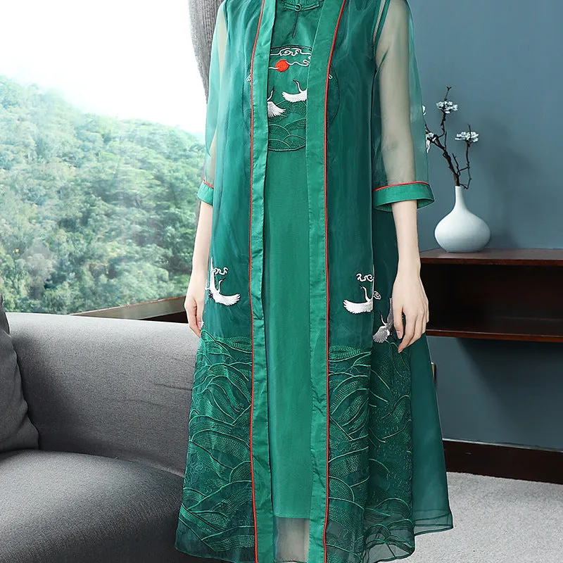 Cranes Embroidery Han Chinese Costume 2-piece Suit