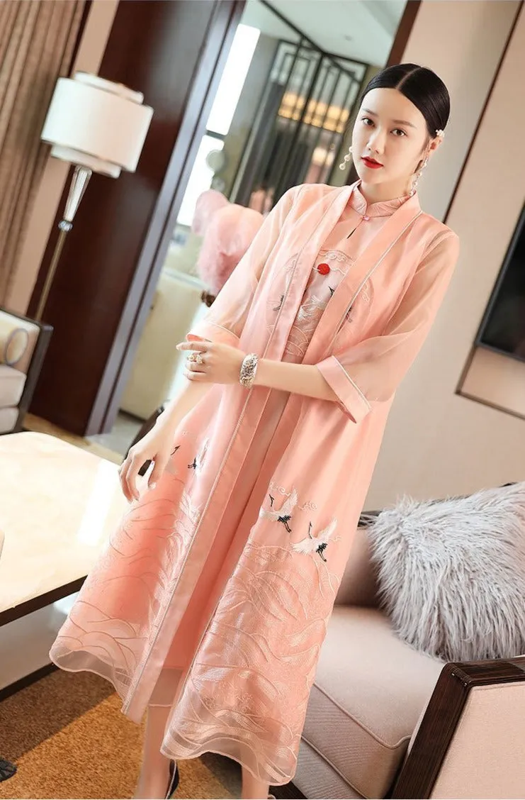 Cranes Embroidery Han Chinese Costume 2-piece Suit