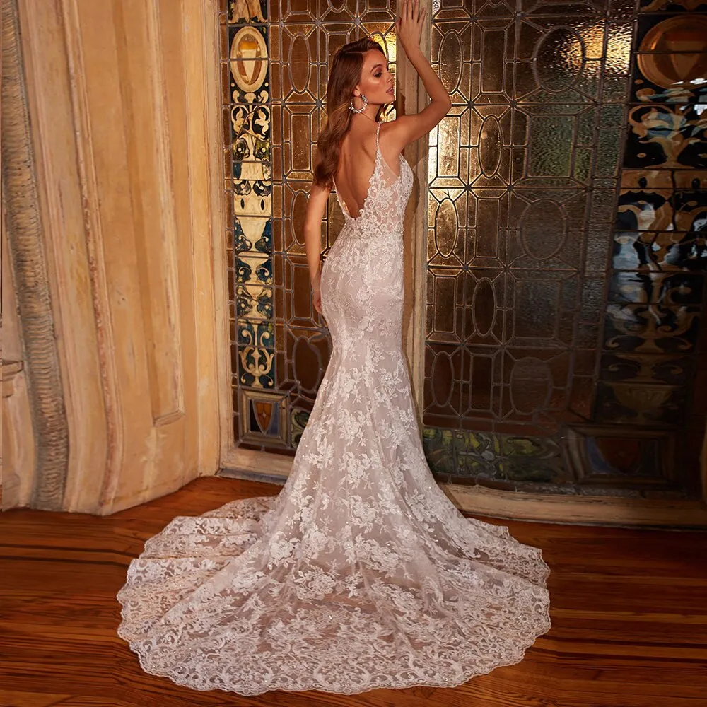 Crystal Lace Sexy Mermaid Wedding Dress With Detachable Train