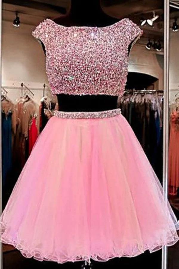 Cute Jewel Two Pieces Beading Pink Homecoming Dress TR0049