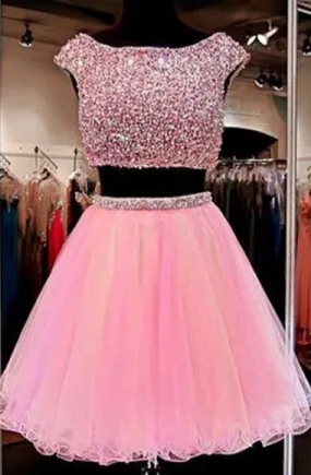 Cute Jewel Two Pieces Beading Pink Homecoming Dress TR0049