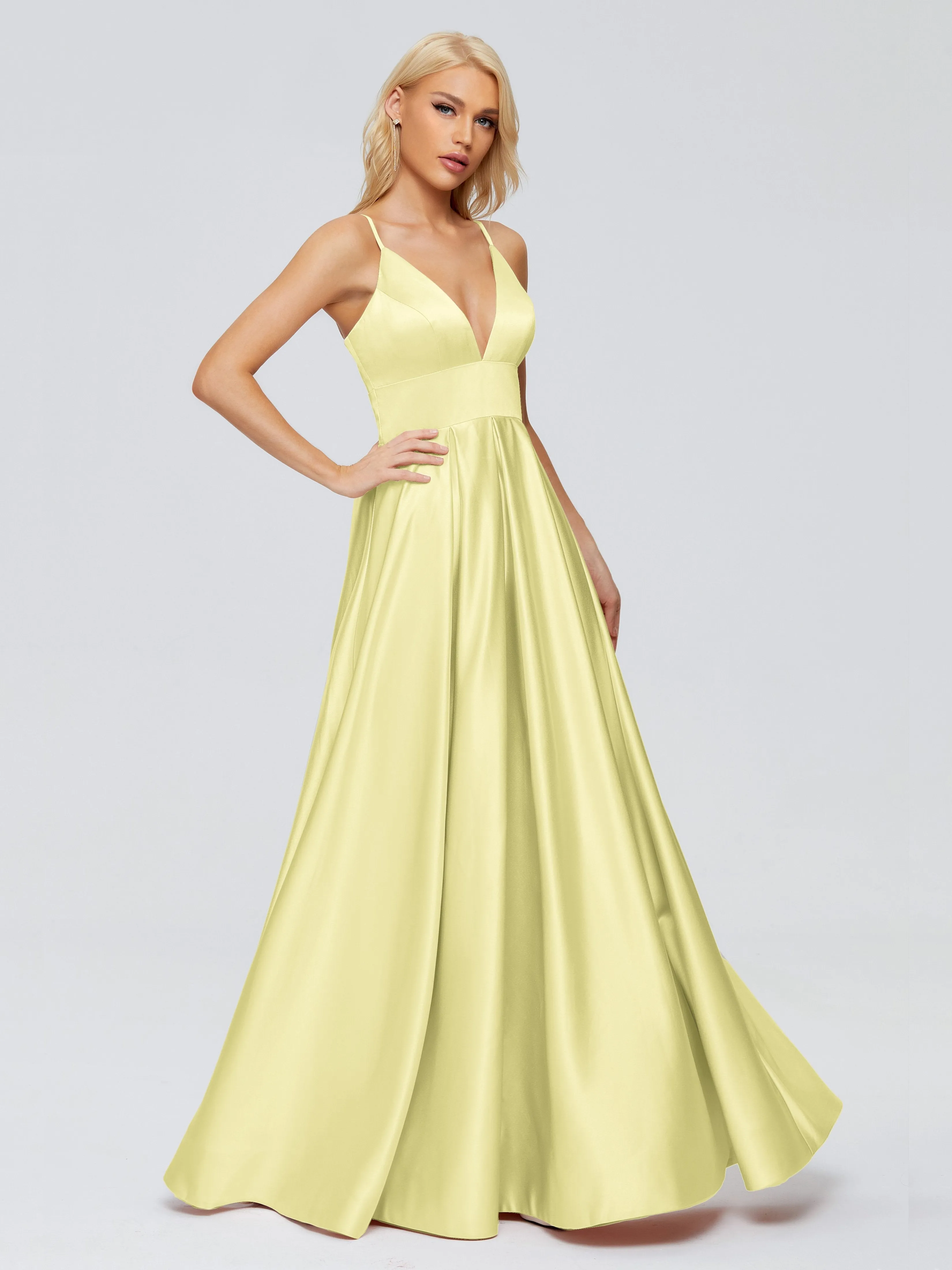 Daffodil Bridesmaid Dresses Spaghetti Straps Satin Long Bridesmaid Dresses