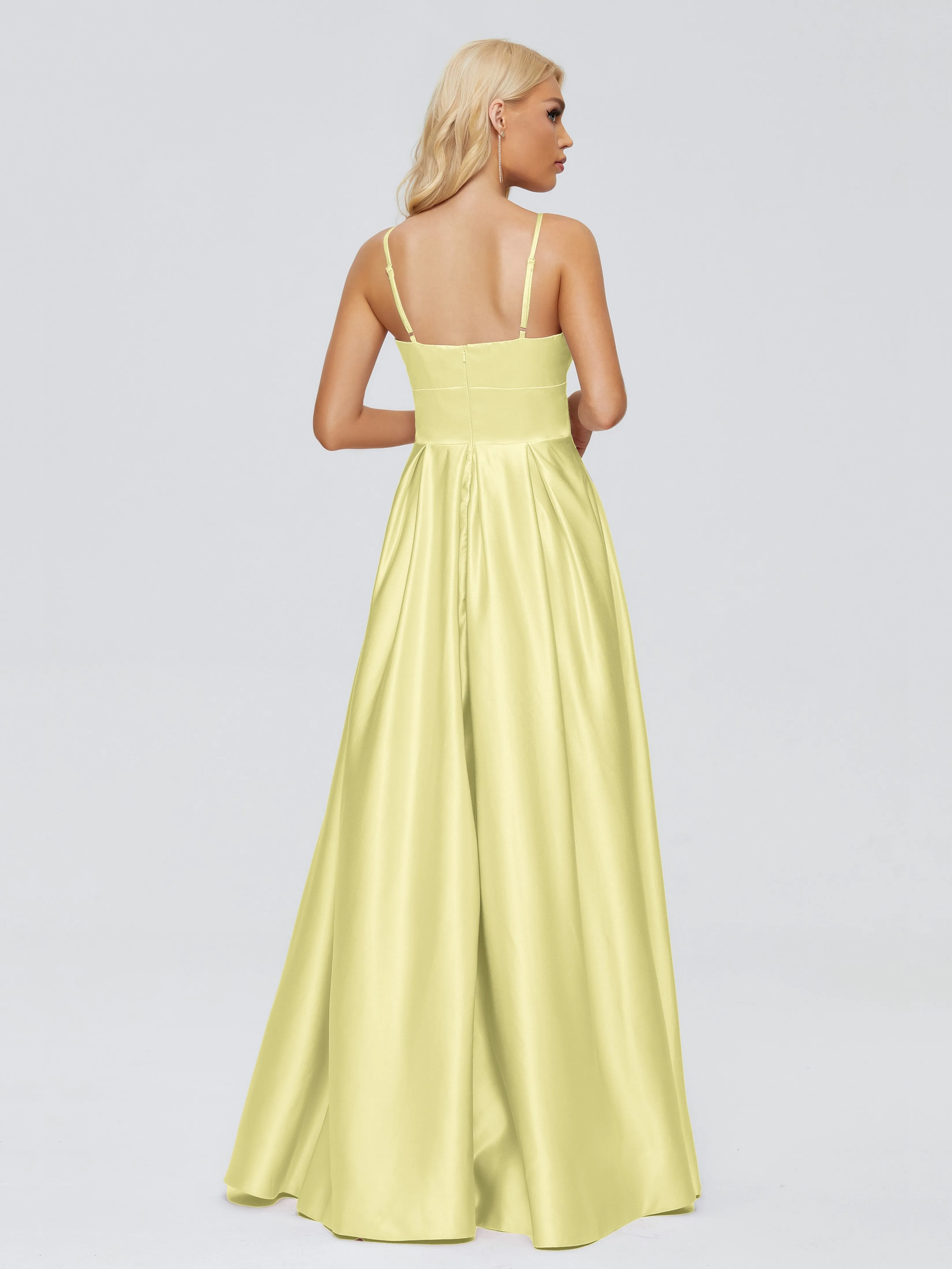 Daffodil Bridesmaid Dresses Spaghetti Straps Satin Long Bridesmaid Dresses