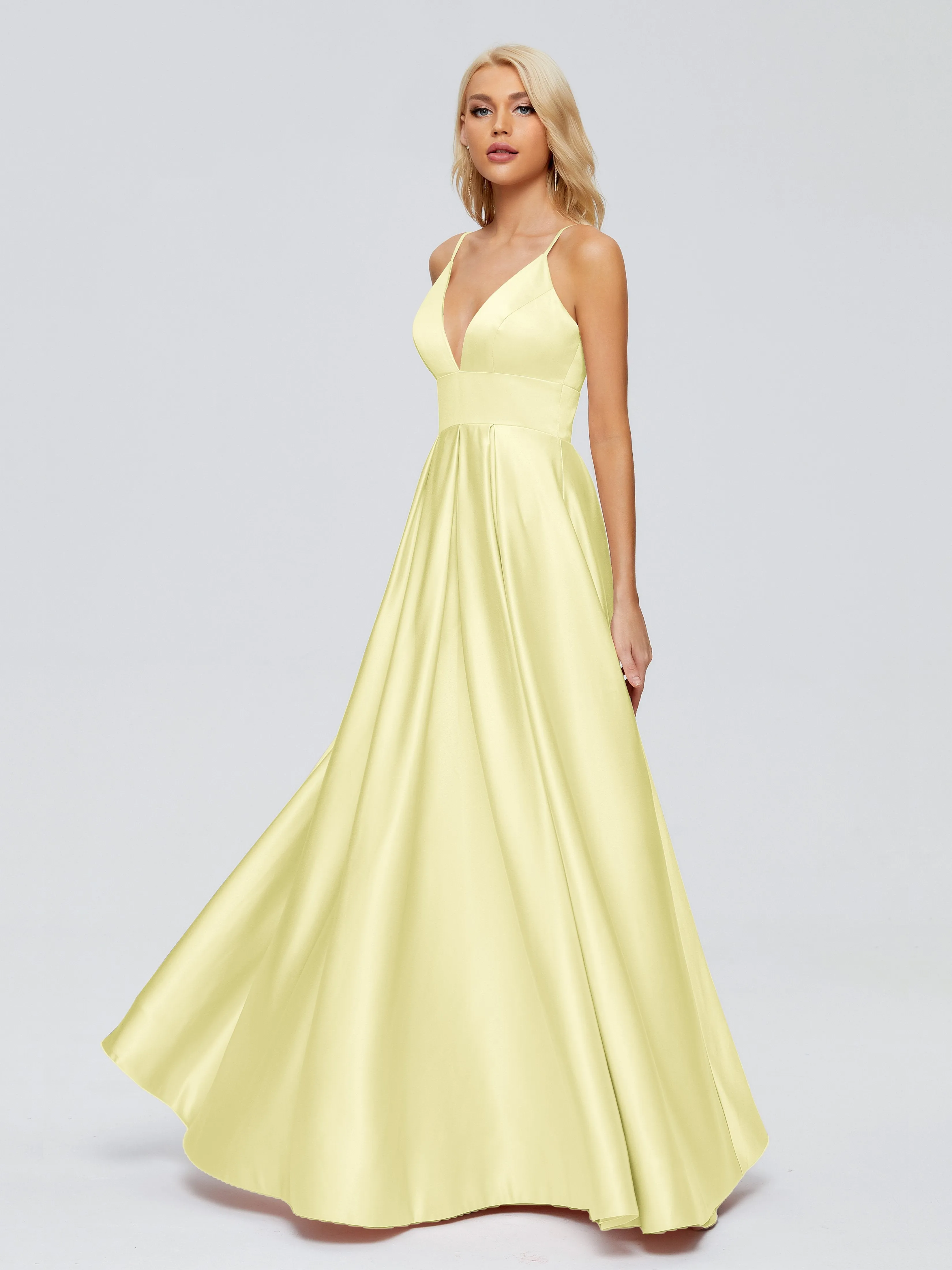 Daffodil Bridesmaid Dresses Spaghetti Straps Satin Long Bridesmaid Dresses