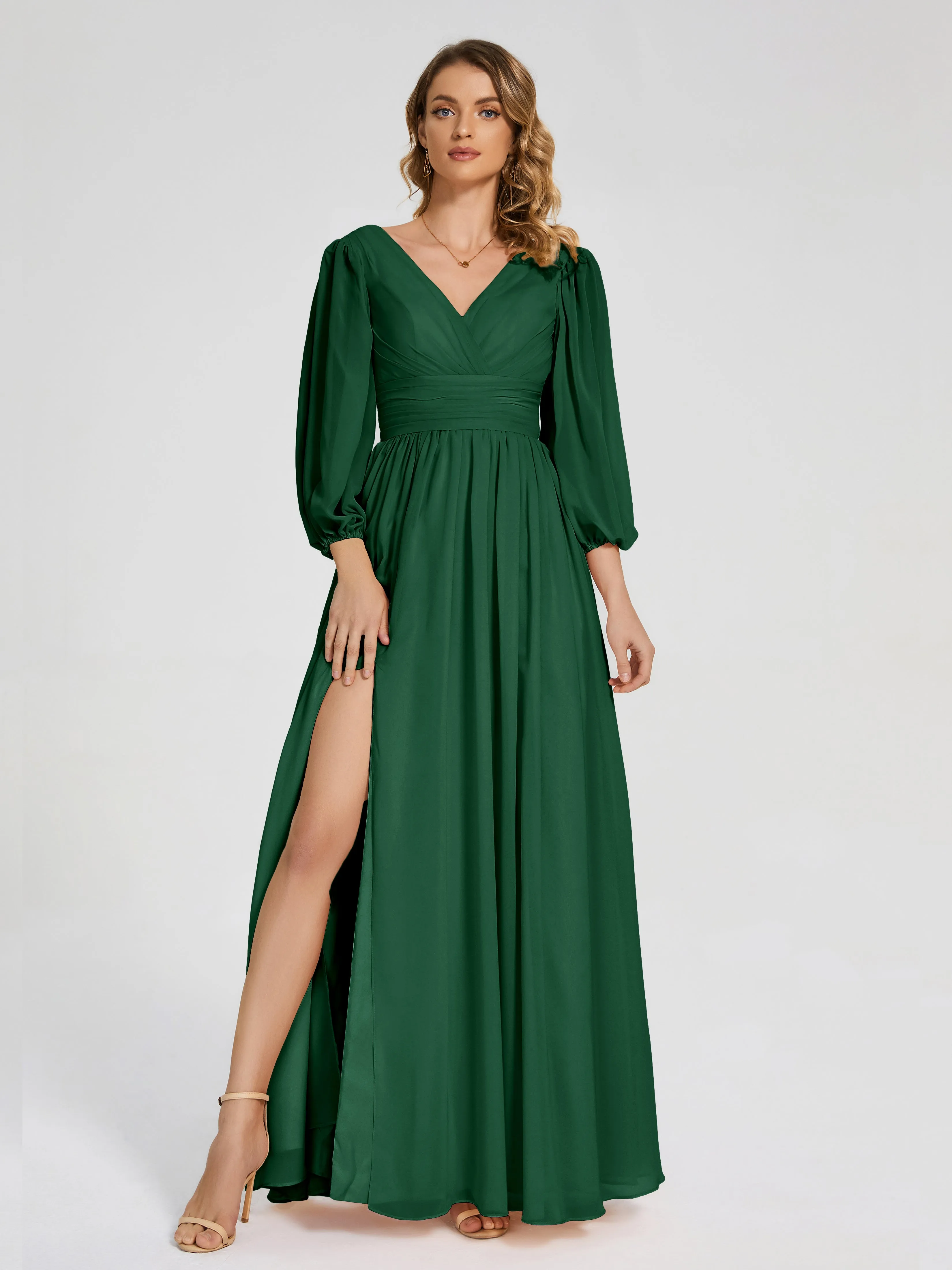 Dark Green Long Sleeve Bridesmaid Dresses Journey Long Sleeves Split Chiffon Bridesmaid Dresses