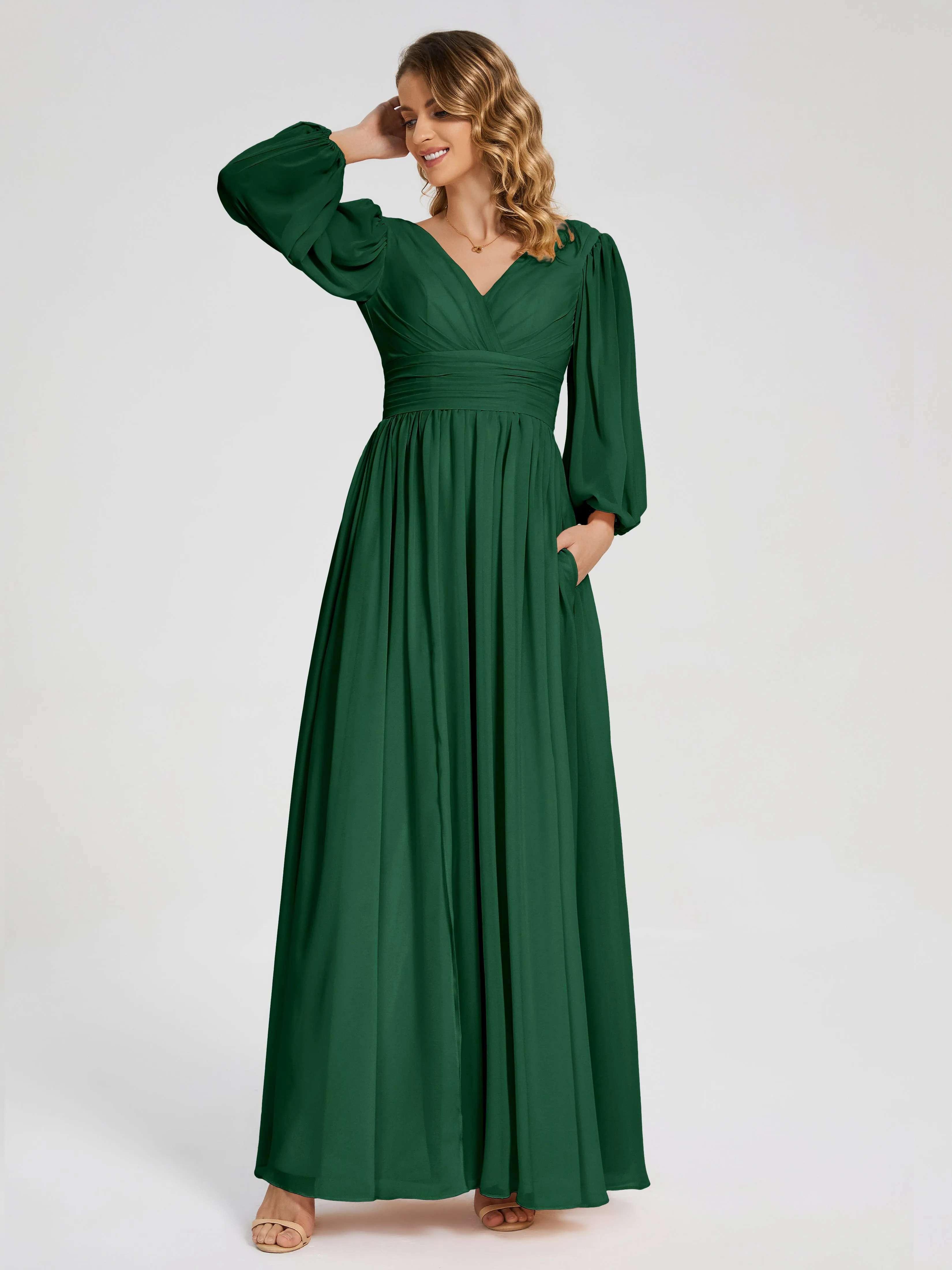 Dark Green Long Sleeve Bridesmaid Dresses Journey Long Sleeves Split Chiffon Bridesmaid Dresses