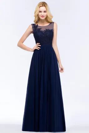 Dark Navy Long A-line Chiffon Appliques Lace Bridesmaid Dresses