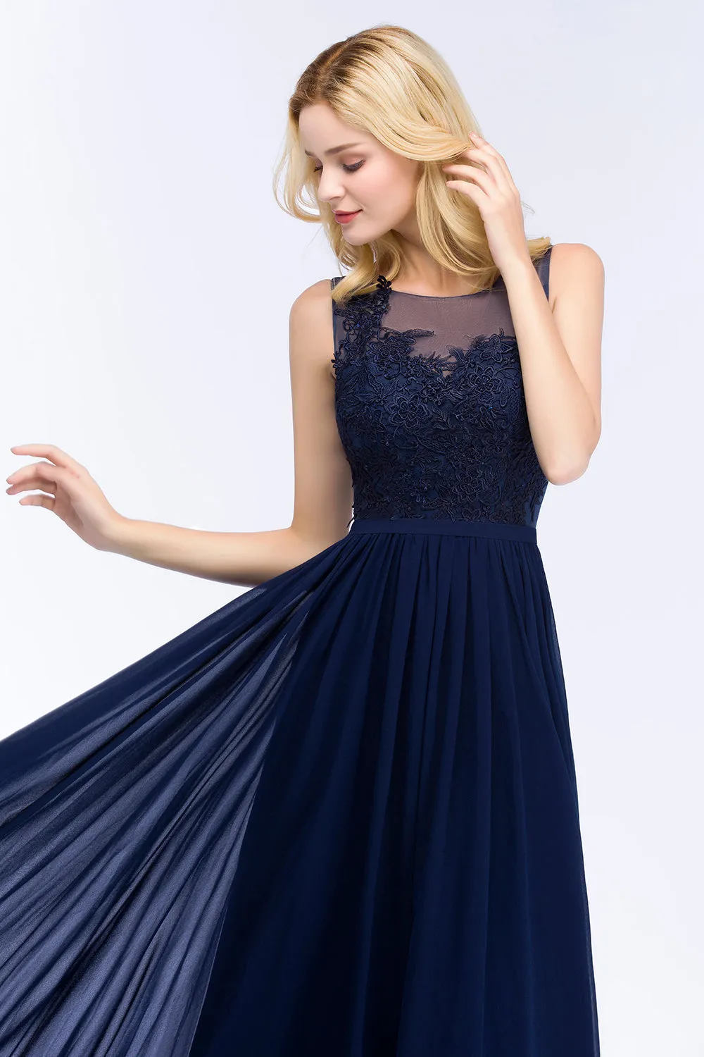 Dark Navy Long A-line Chiffon Appliques Lace Bridesmaid Dresses