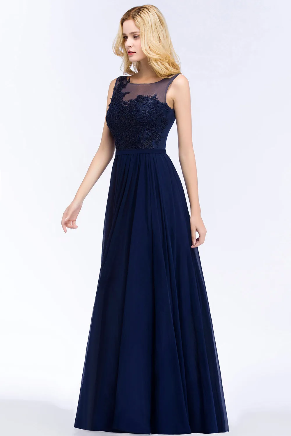 Dark Navy Long A-line Chiffon Appliques Lace Bridesmaid Dresses