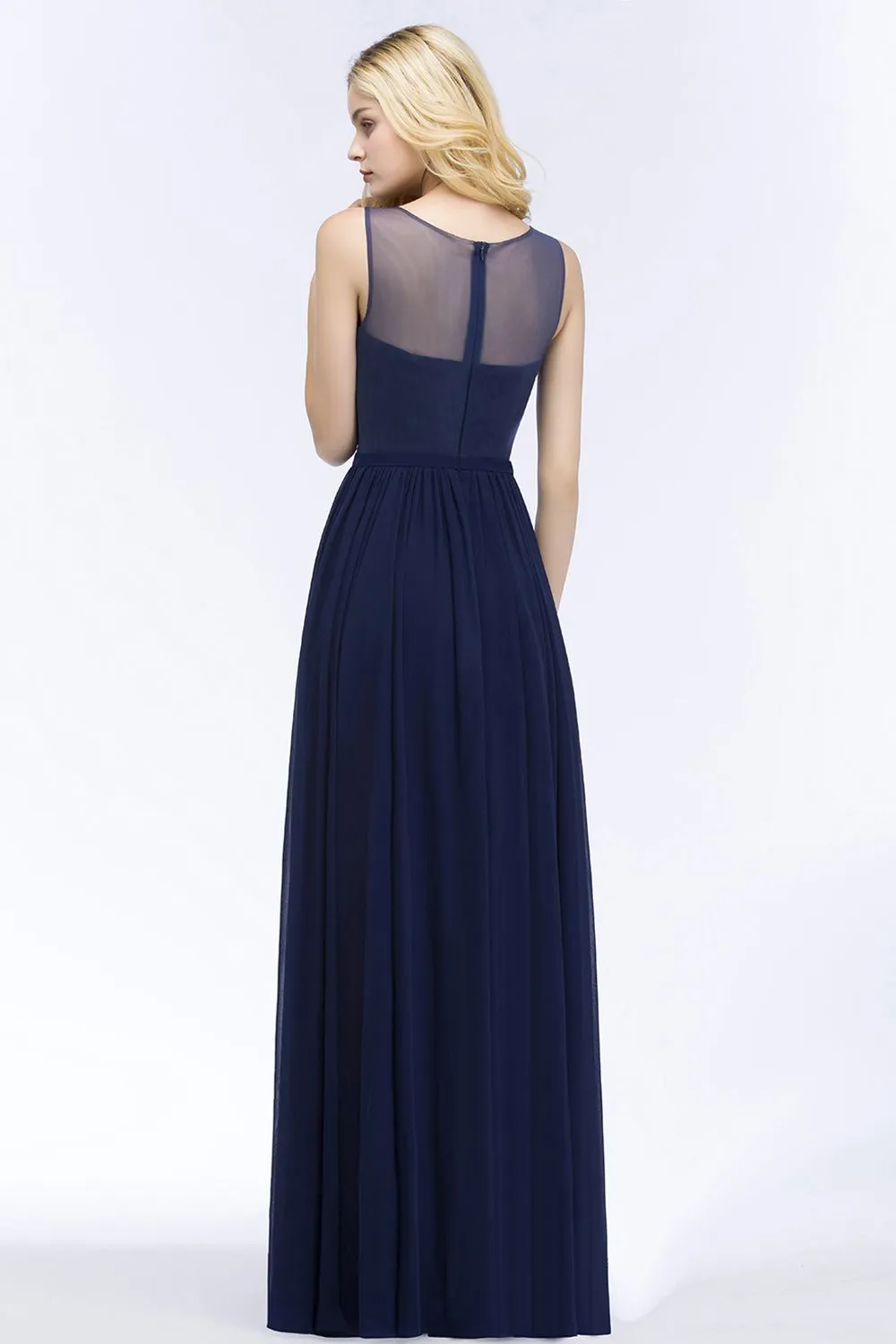 Dark Navy Long A-line Chiffon Appliques Lace Bridesmaid Dresses