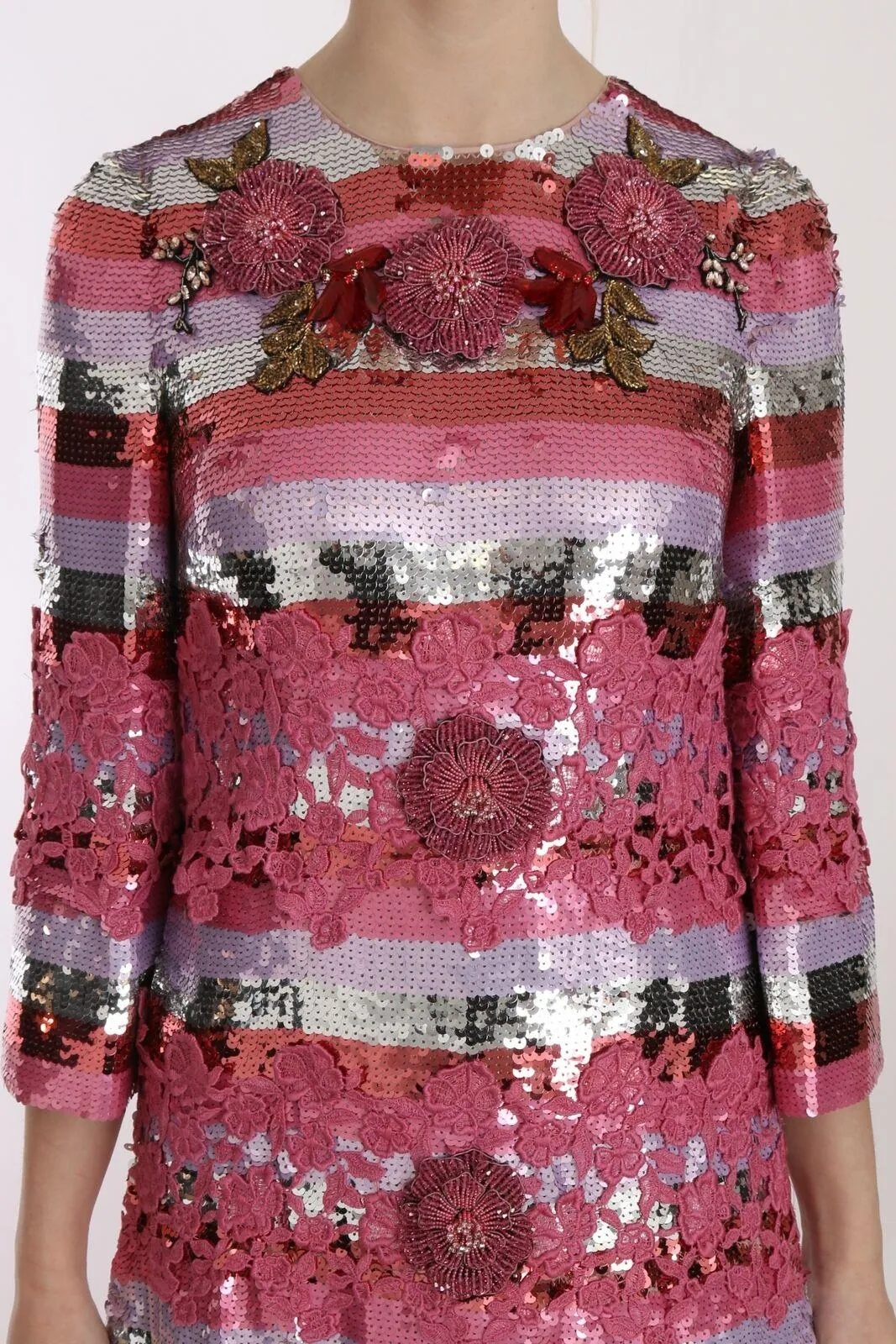 Dolce & Gabbana Pink Floral Sequined Crystal Gown Dress