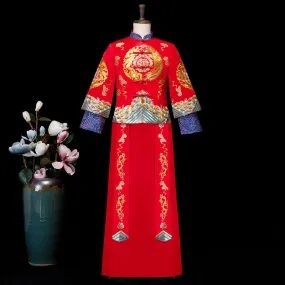 Double Sleeve Auspicious Embroidery Full Length Traditional Chinese Groom Suit