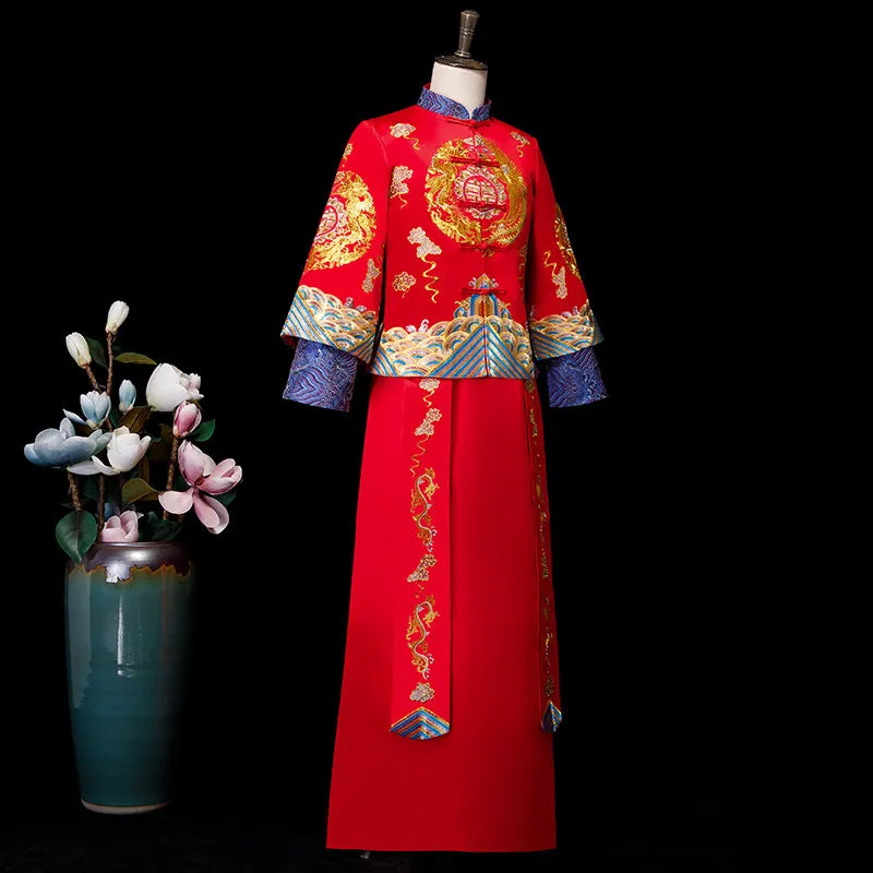 Double Sleeve Auspicious Embroidery Full Length Traditional Chinese Groom Suit