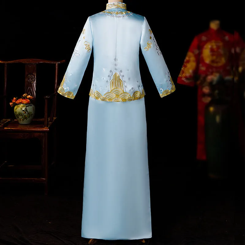 Dragon & Auspicious Embroidery Full Length Retro Chinese Groom Suit
