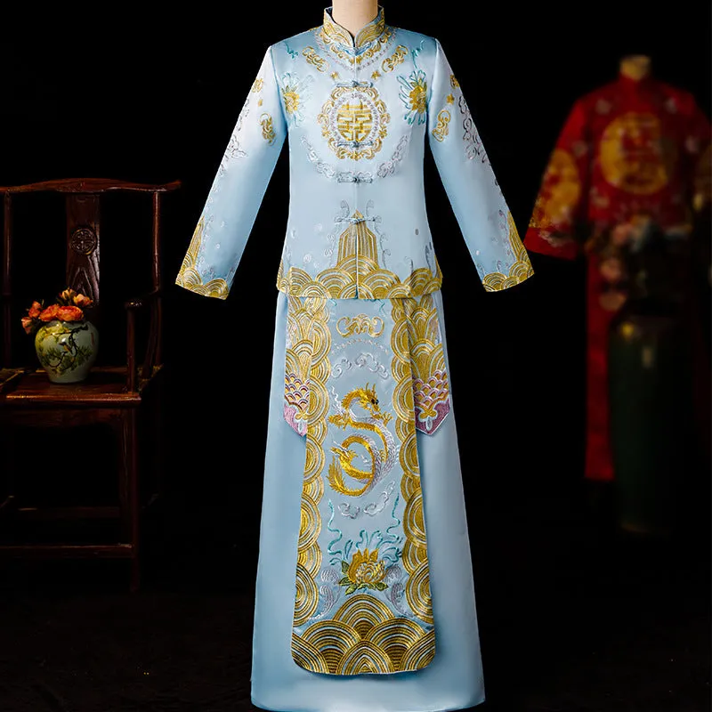 Dragon & Auspicious Embroidery Full Length Retro Chinese Groom Suit