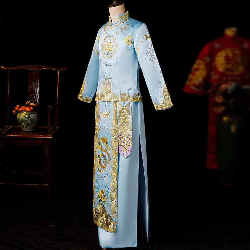 Dragon & Auspicious Embroidery Full Length Retro Chinese Groom Suit