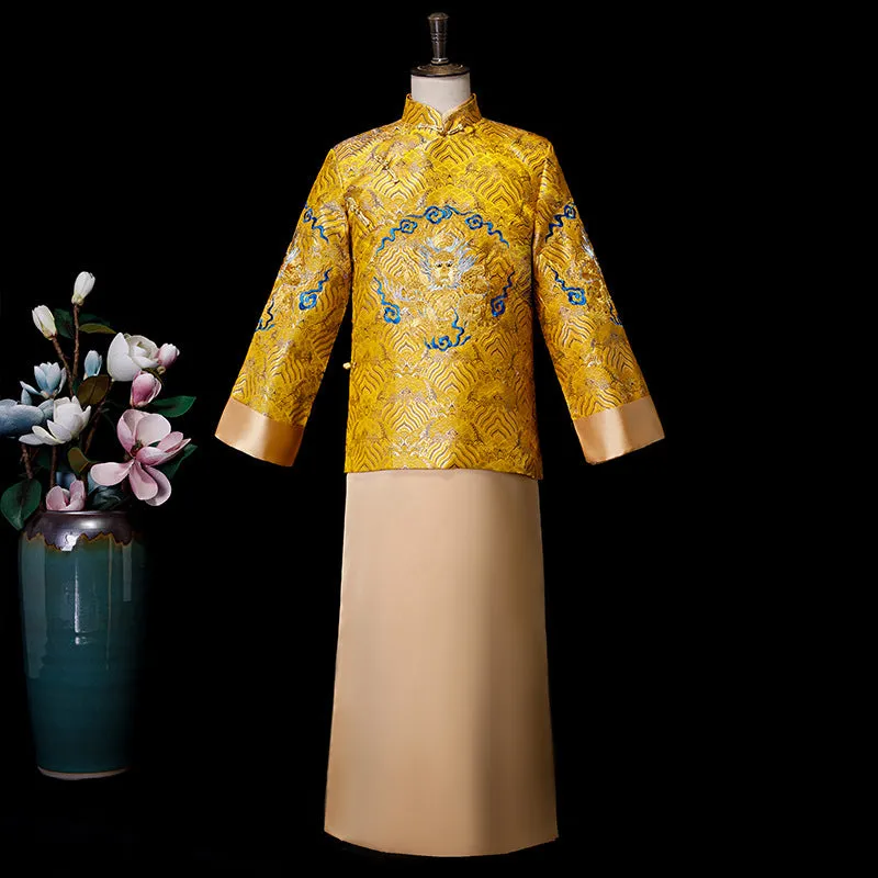 Dragon Embroidery Full Length Traditional Chinese Groom Suit Tunic Suit