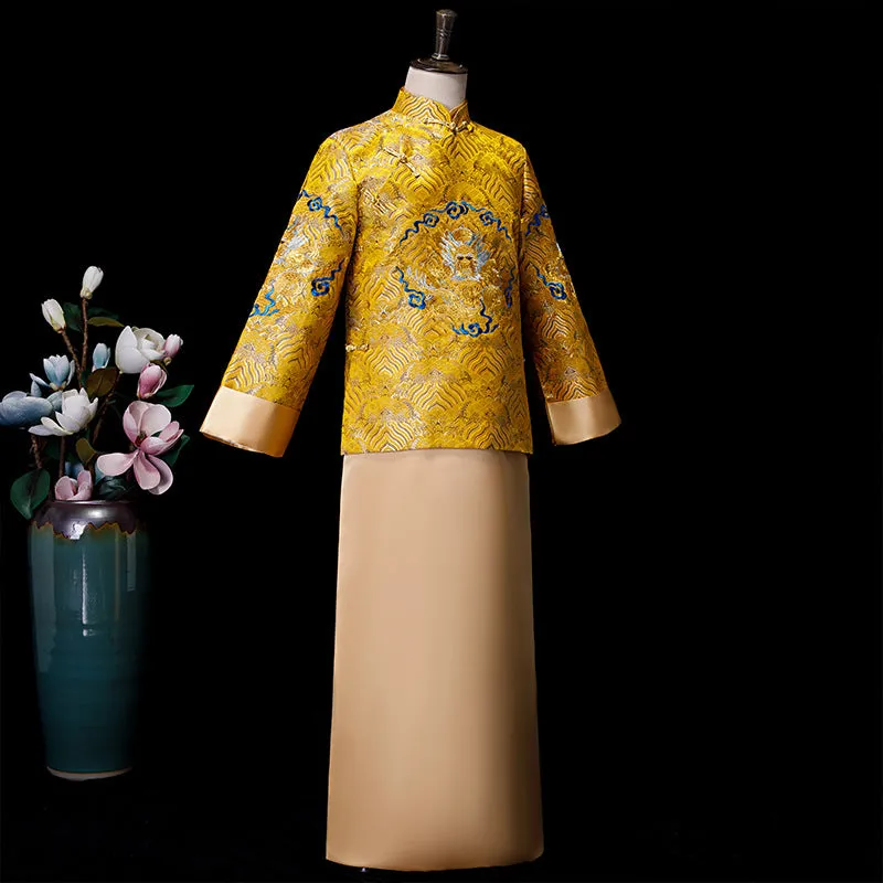 Dragon Embroidery Full Length Traditional Chinese Groom Suit Tunic Suit
