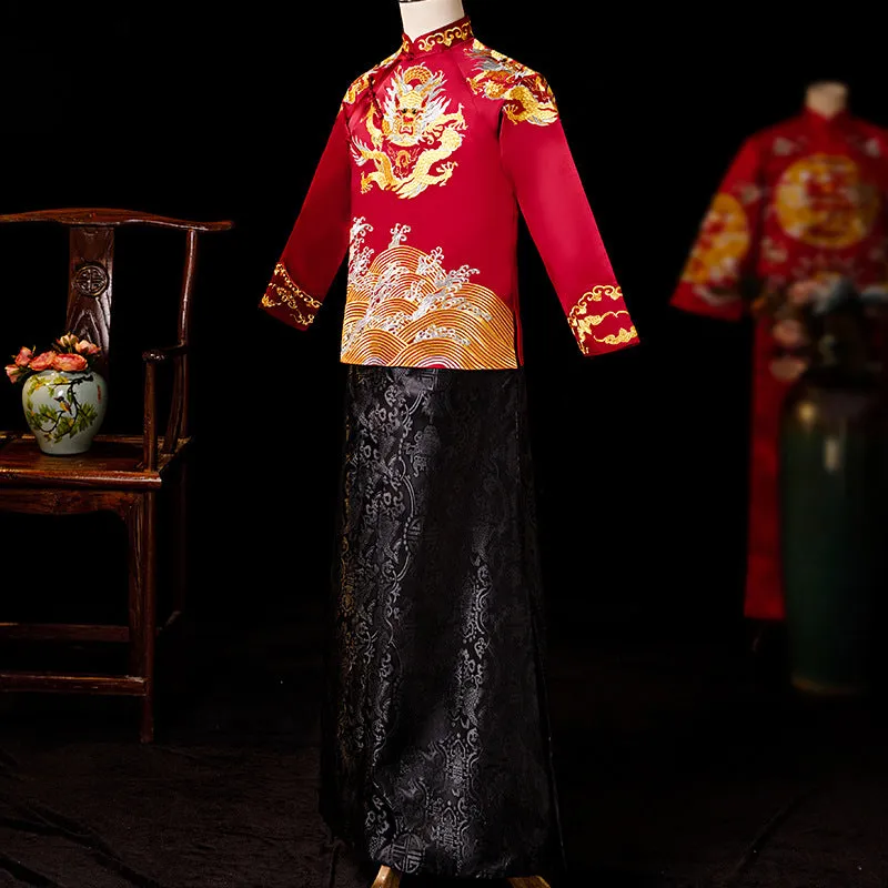 Dragon Embroidery Full Length Traditional Chinese Groom Suit with Strap Buttons
