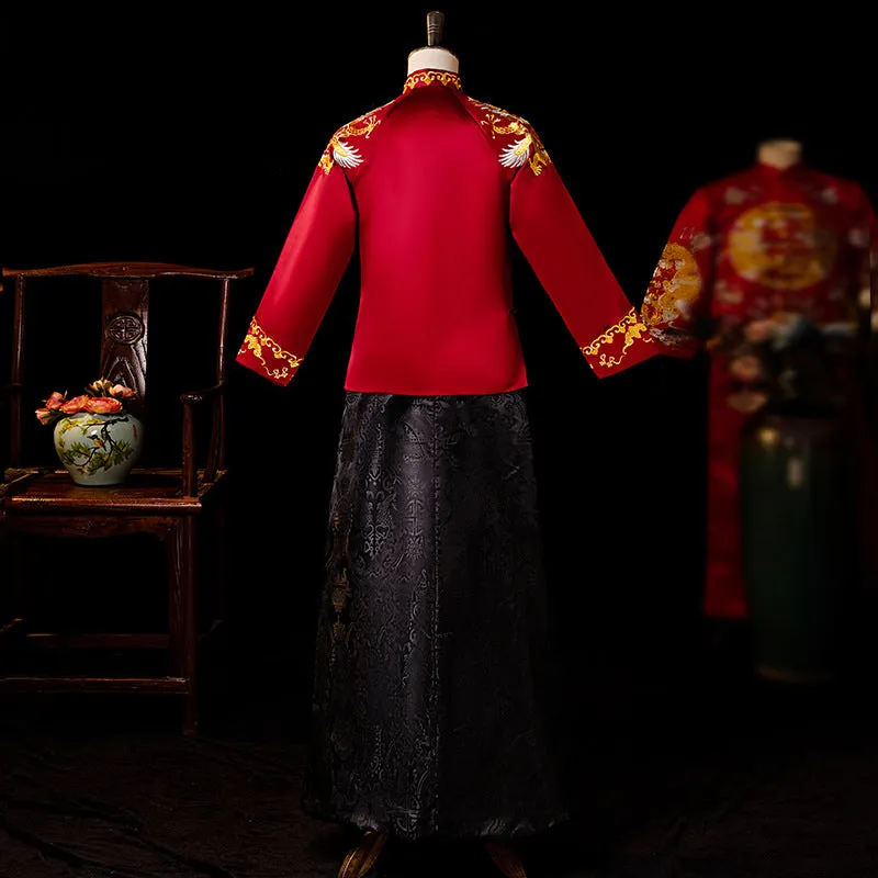 Dragon Embroidery Full Length Traditional Chinese Groom Suit with Strap Buttons