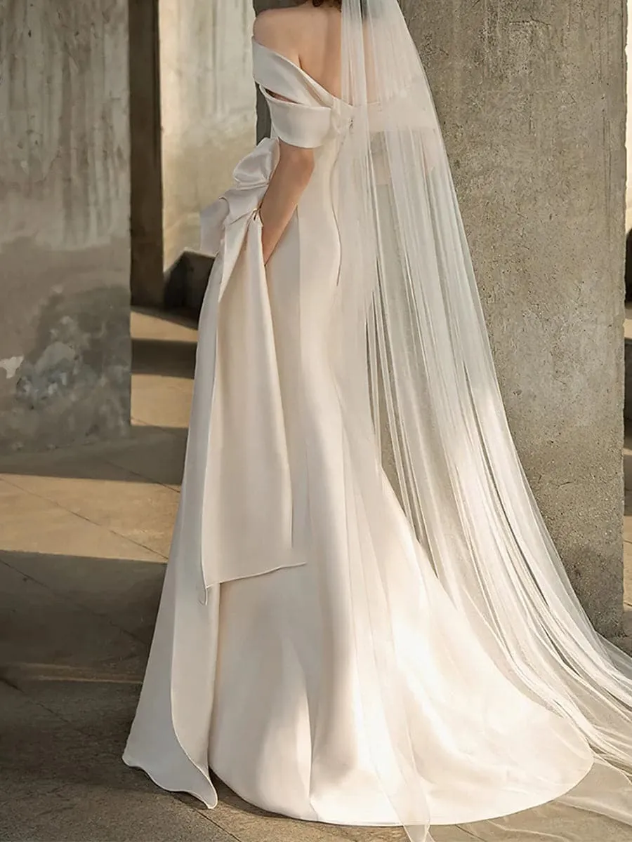 Draped Knotted Court Train Satin Wedding Dress MSW005