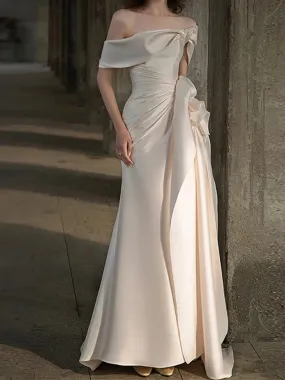 Draped Knotted Court Train Satin Wedding Dress MSW005
