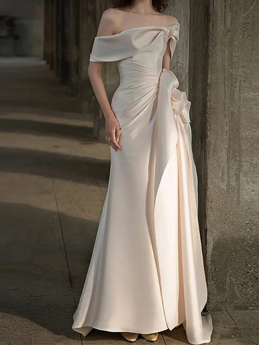 Draped Knotted Court Train Satin Wedding Dress MSW005