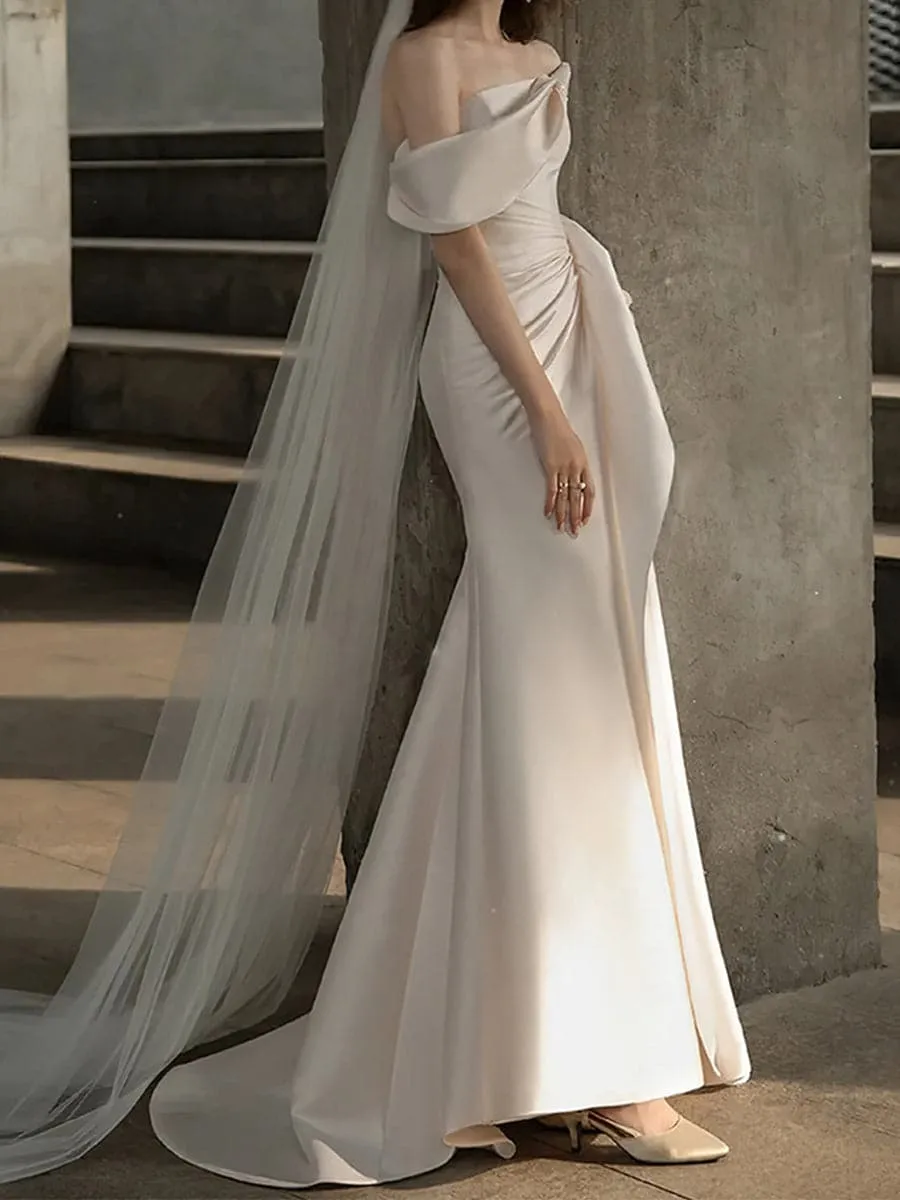Draped Knotted Court Train Satin Wedding Dress MSW005