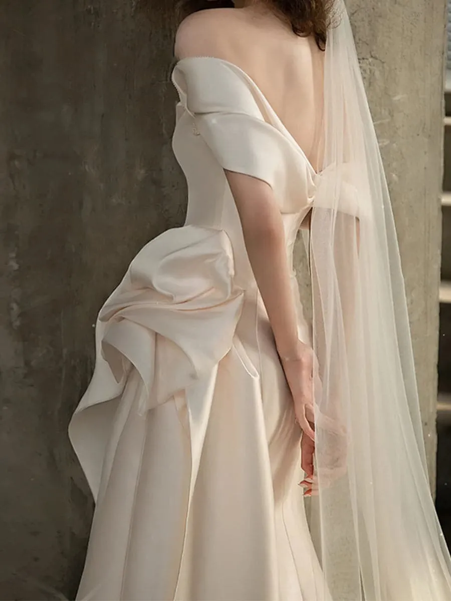 Draped Knotted Court Train Satin Wedding Dress MSW005