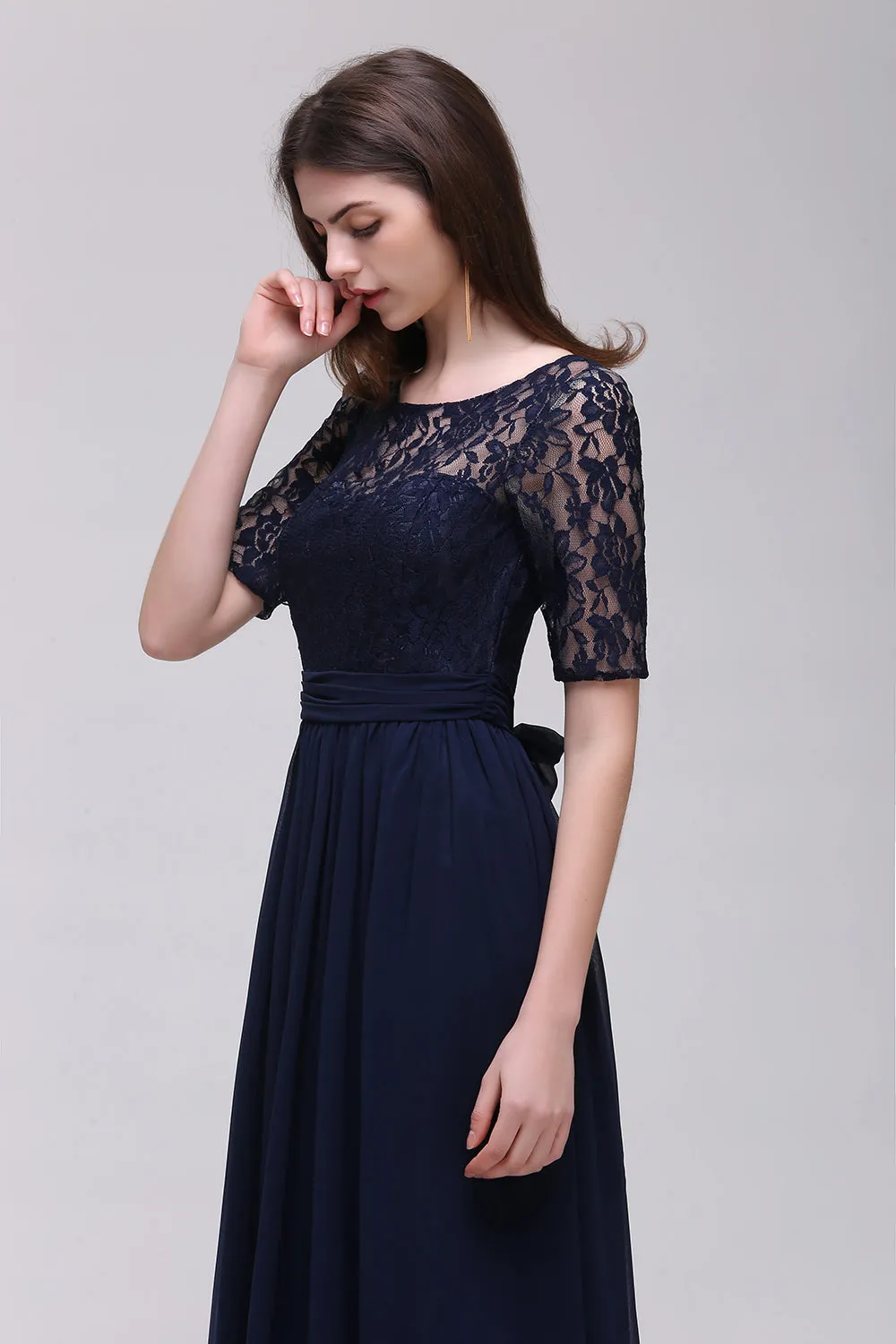 Elegant A-line Chiffon Lace Scoop Long Bridesmaid Dress with Sleeves