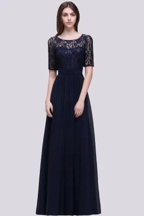 Elegant A-line Chiffon Lace Scoop Long Bridesmaid Dress with Sleeves
