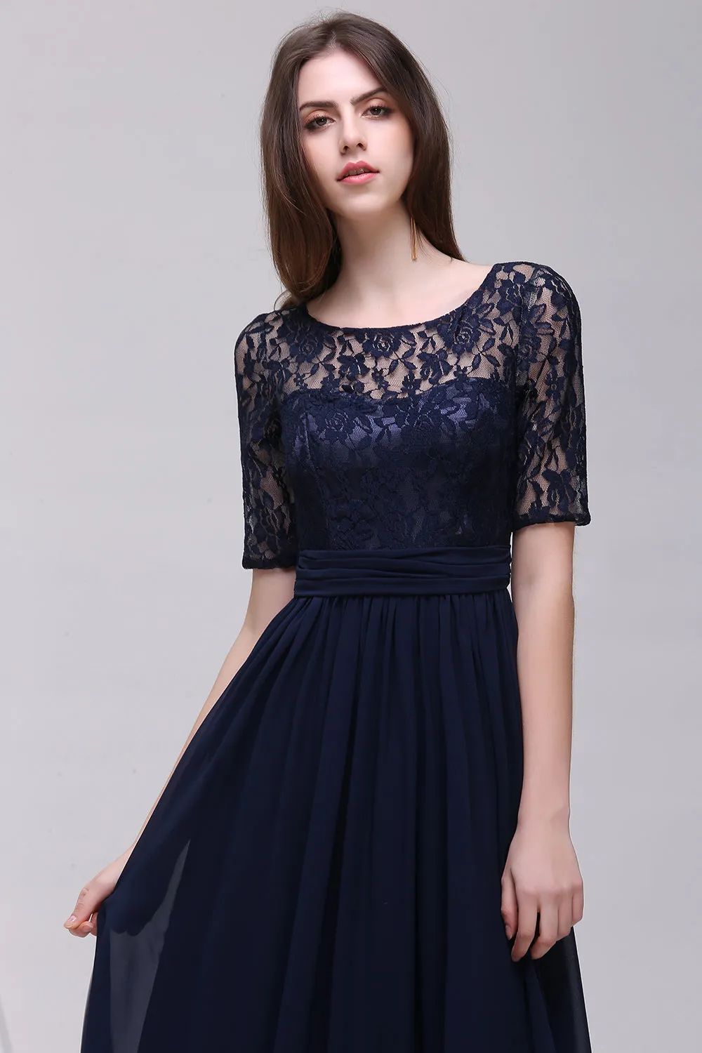 Elegant A-line Chiffon Lace Scoop Long Bridesmaid Dress with Sleeves