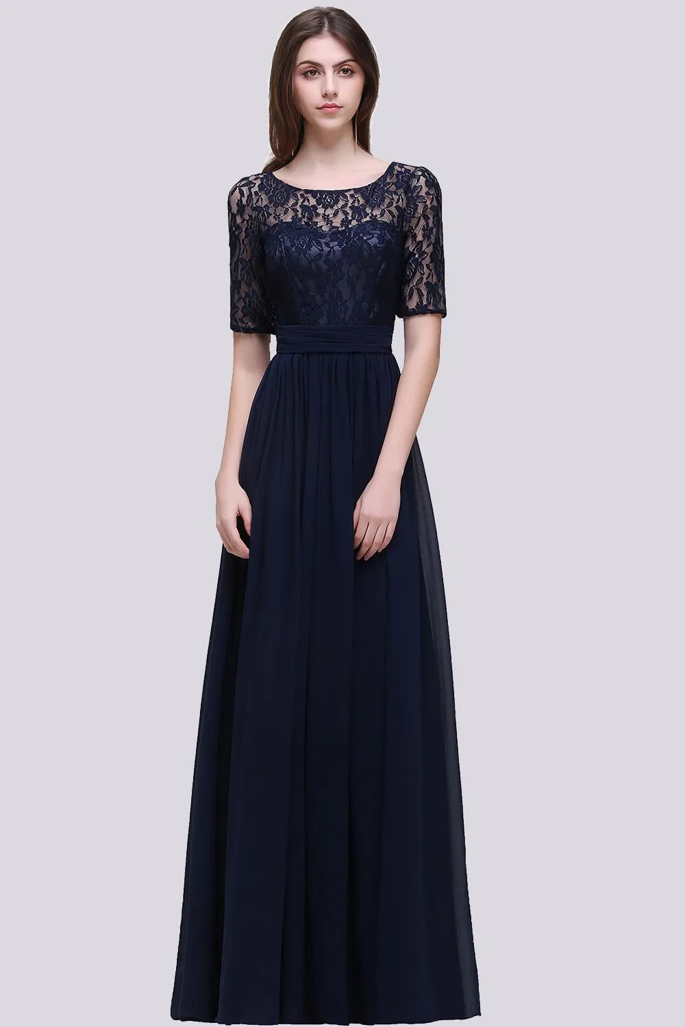Elegant A-line Chiffon Lace Scoop Long Bridesmaid Dress with Sleeves