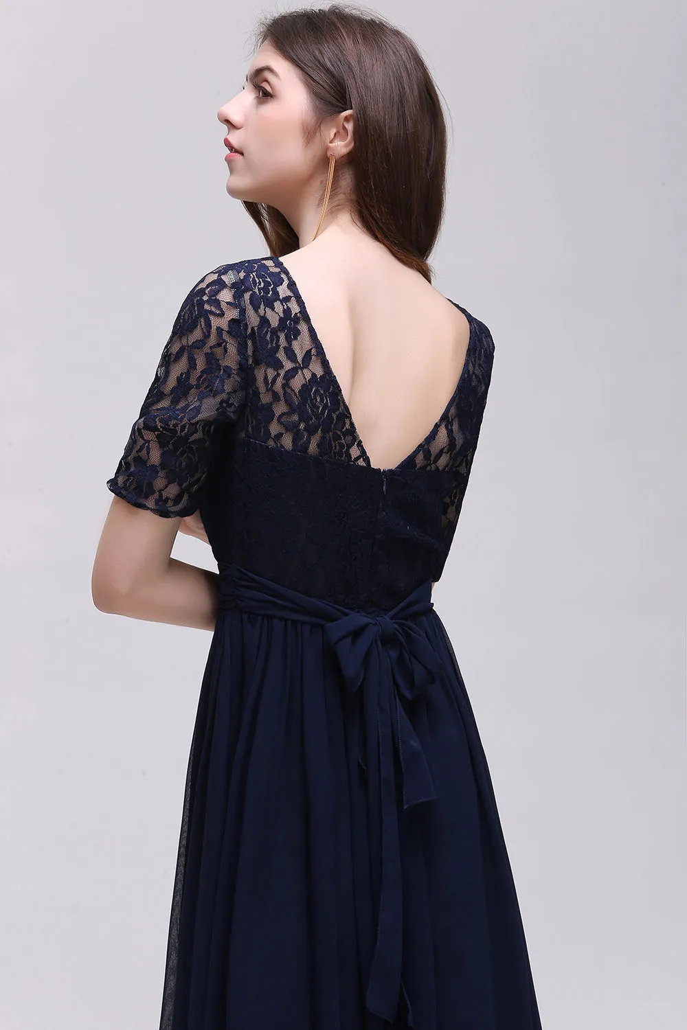 Elegant A-line Chiffon Lace Scoop Long Bridesmaid Dress with Sleeves