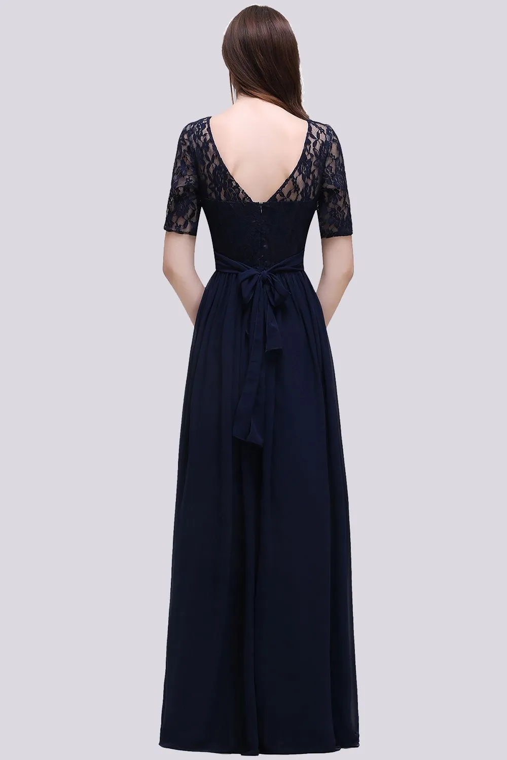 Elegant A-line Chiffon Lace Scoop Long Bridesmaid Dress with Sleeves