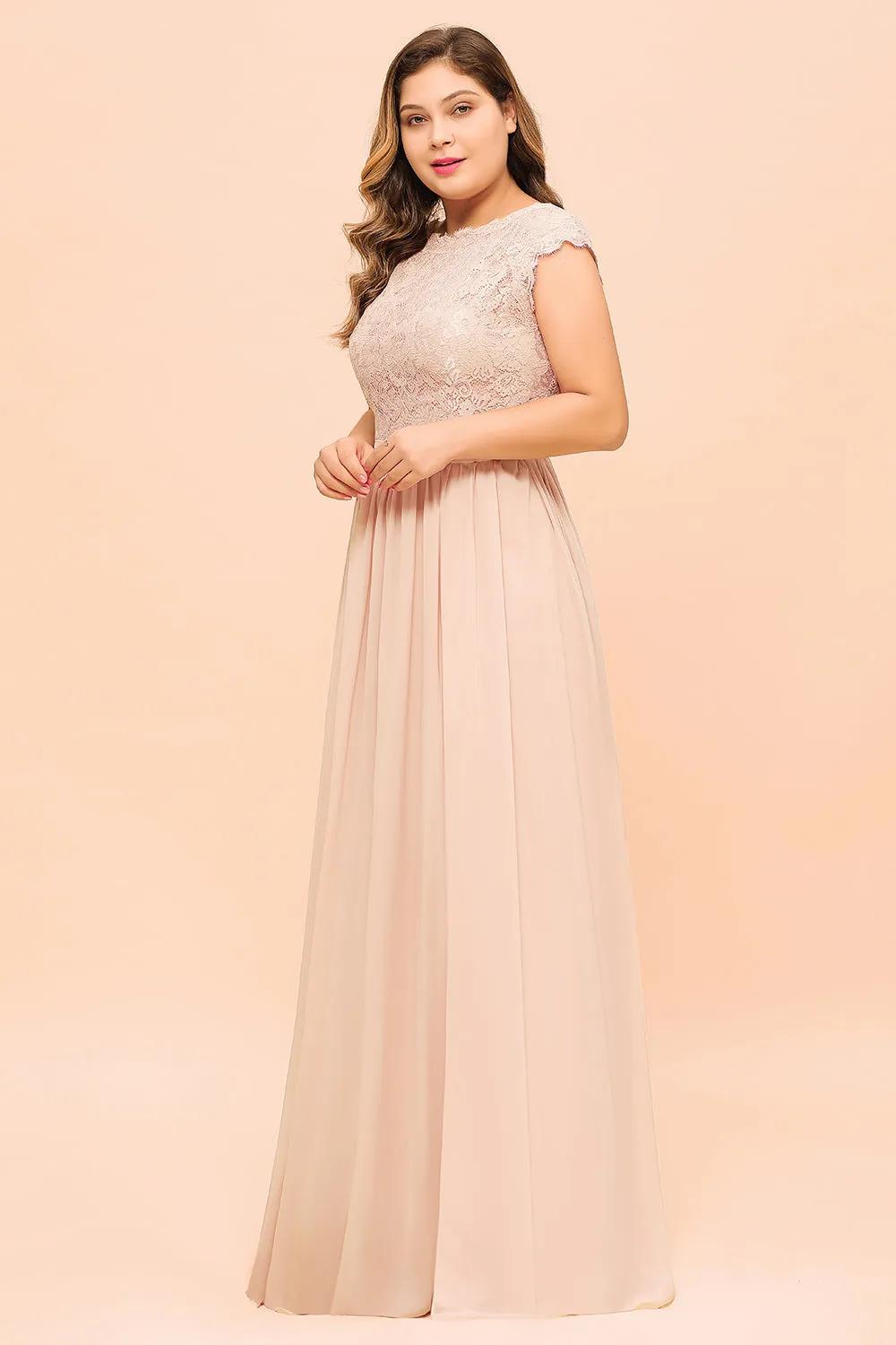 Elegant A-line Jewel Chiffon Long Plus Size Bridesmaid Dresses with Slit