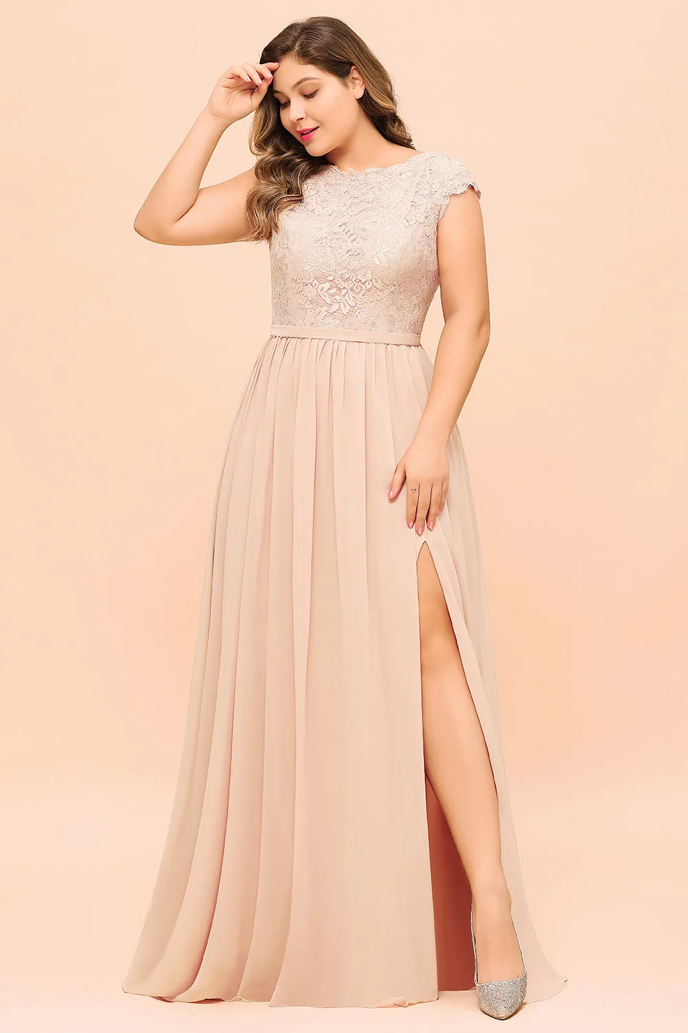 Elegant A-line Jewel Chiffon Long Plus Size Bridesmaid Dresses with Slit
