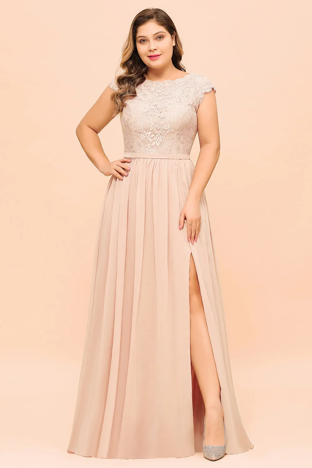 Elegant A-line Jewel Chiffon Long Plus Size Bridesmaid Dresses with Slit