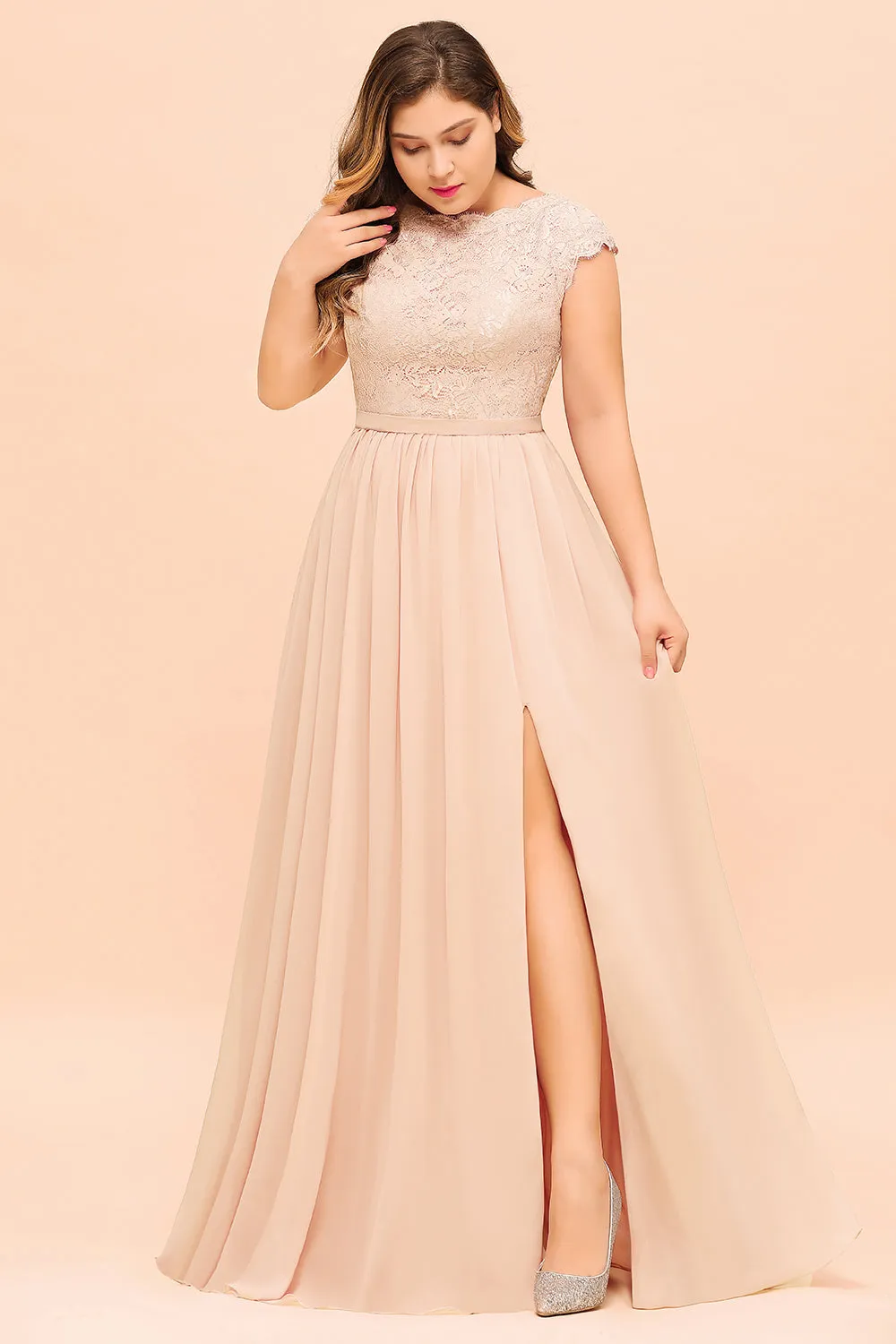 Elegant A-line Jewel Chiffon Long Plus Size Bridesmaid Dresses with Slit