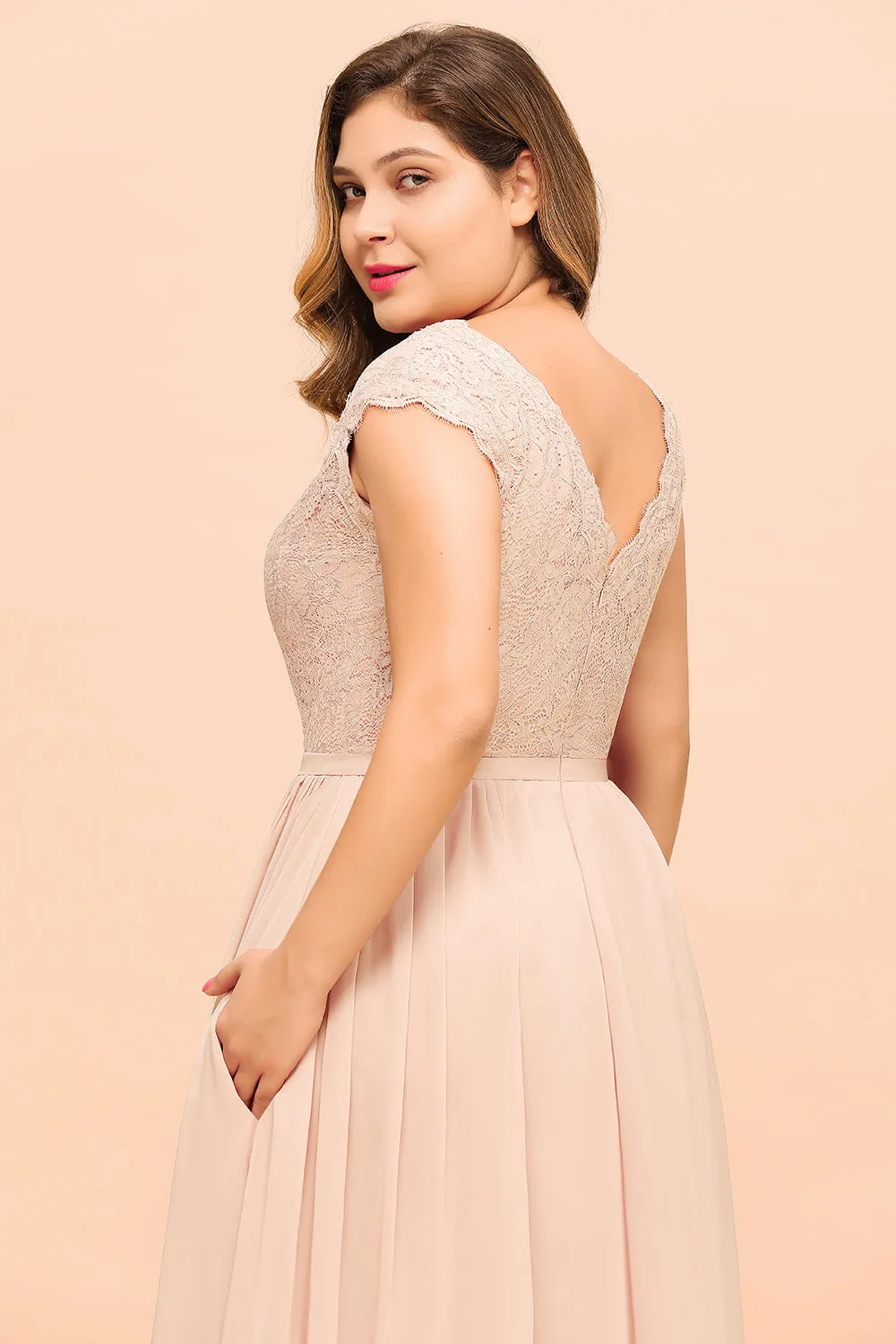 Elegant A-line Jewel Chiffon Long Plus Size Bridesmaid Dresses with Slit