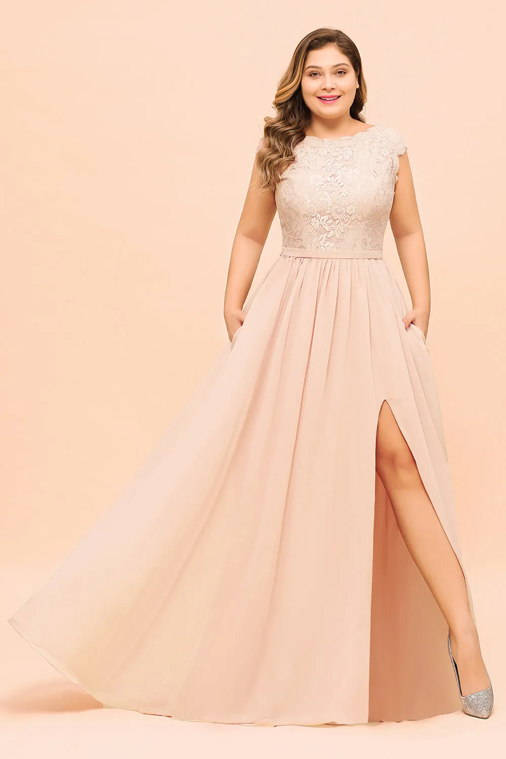 Elegant A-line Jewel Chiffon Long Plus Size Bridesmaid Dresses with Slit